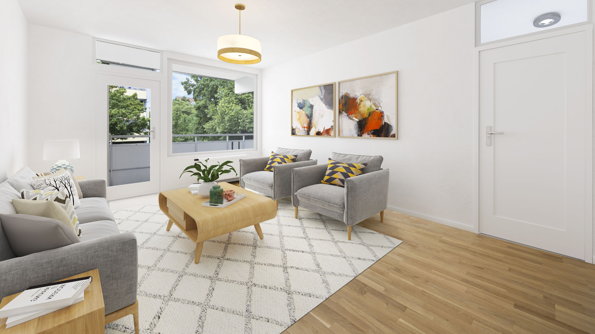 Virtually furnished living room with grey sofas in a Munich Berg am Laim condominium
