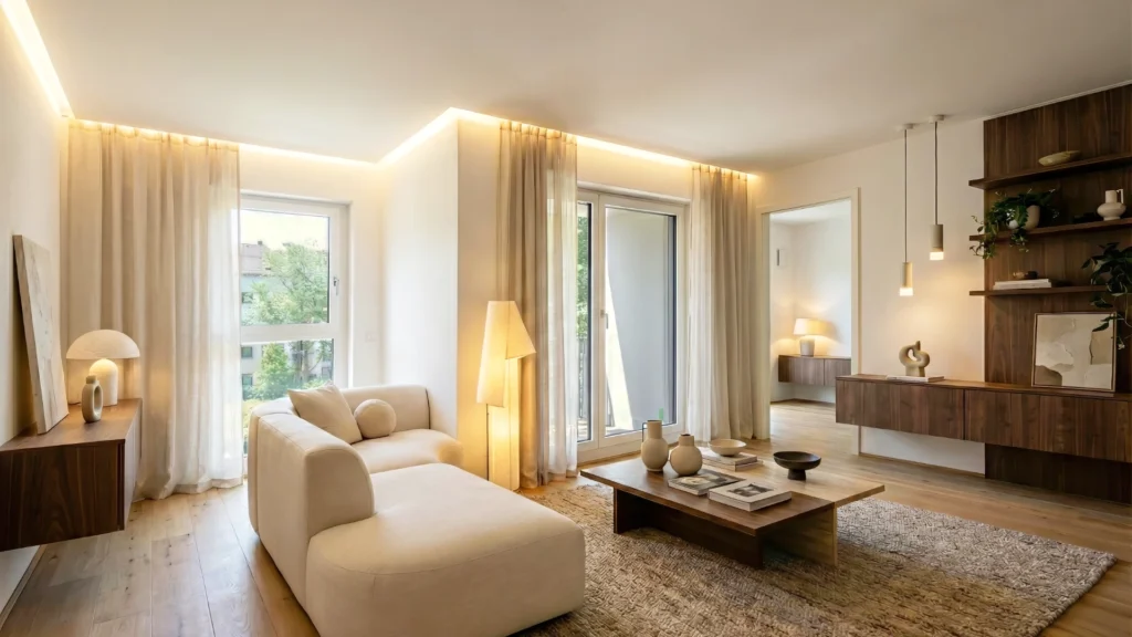 Elegant living room with a lounge sofa and warm ambient lighting, virtually furnished, Munich Berg am Laim