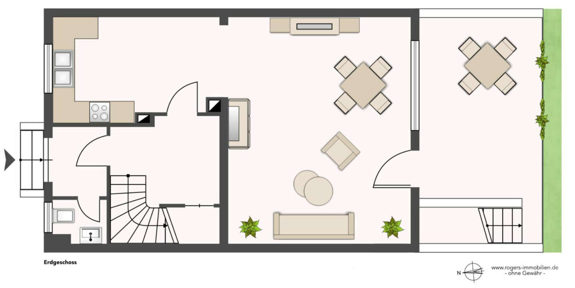 Ground plan of the ground floor with kitchen, dining area, living room, and terrace in the Planegg terraced house