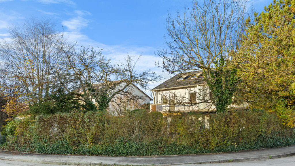 Älteres Haus mit Satteldach hinter hoher Hecke und kahlen Bäumen in Gauting