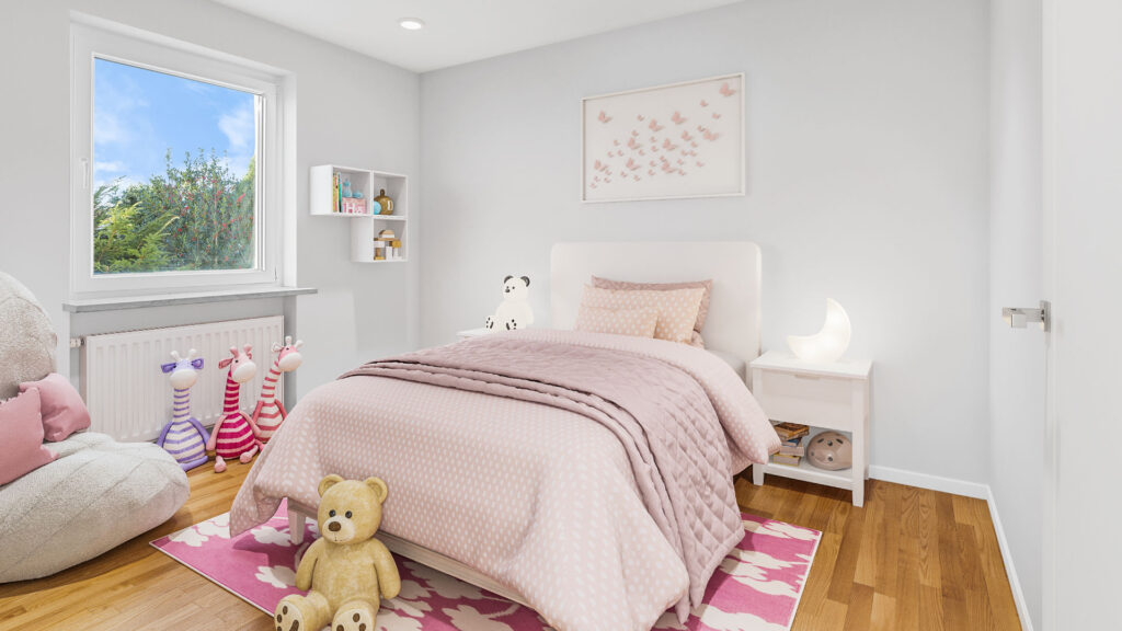 Virtuell eingerichtetes Kinderzimmer mit Bett und Kuscheltier in einem Haus in Gauting