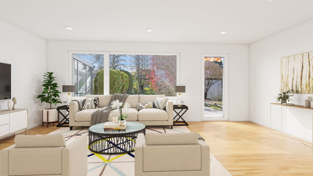 Virtuell eingerichtetes Wohnzimmer mit Sitzgruppe und Terrassenzugang in einem Haus in Gauting