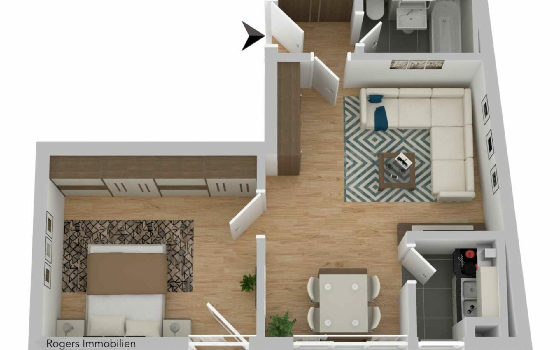 3D-Visualisierung des Grundrisses einer Wohnung in Giesing mit Wohnbereich, Küche und Bad.