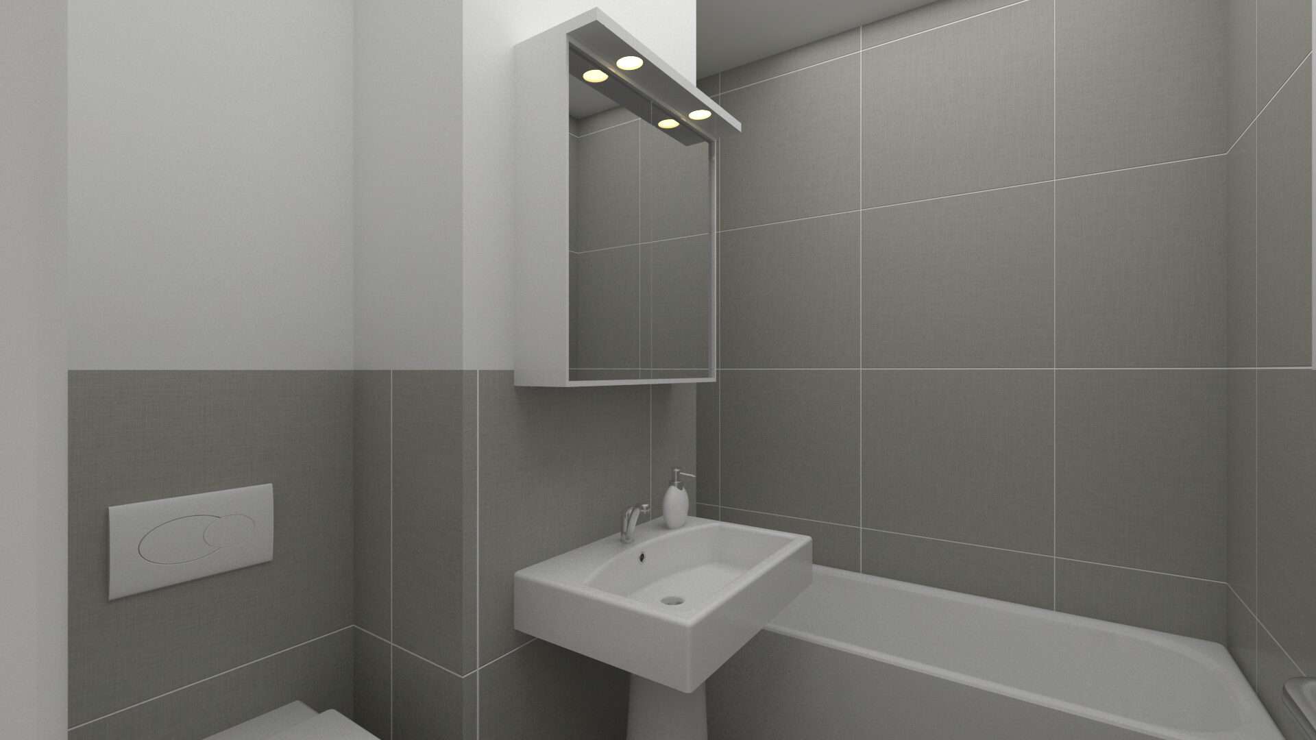 Virtuelle Darstellung eines Badezimmers mit Waschbecken, Badewanne und Spiegelschrank in einer Wohnung in München-Giesing
