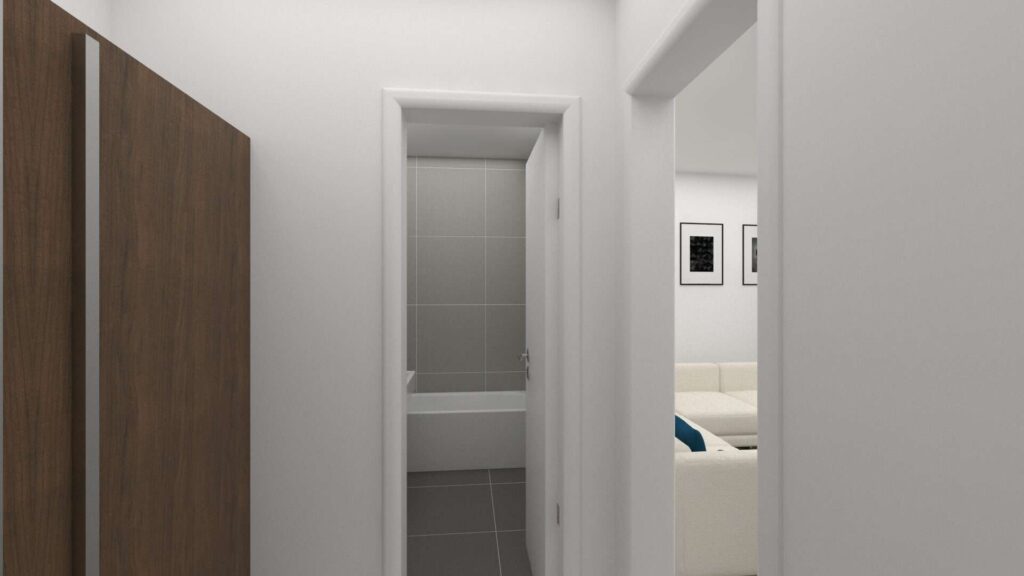 Virtual representation of a hallway with built-in wardrobe and views of the bathroom and bedroom in an apartment in Munich-Giesing