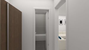 Virtuelle Darstellung einer Diele mit Einbauschrank und Blick in Bad und Schlafzimmer in einer Wohnung in München-Giesing