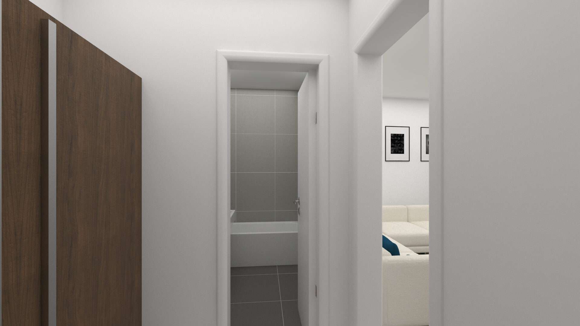 Virtuelle Darstellung einer Diele mit Einbauschrank und Blick in Bad und Schlafzimmer in einer Wohnung in München-Giesing