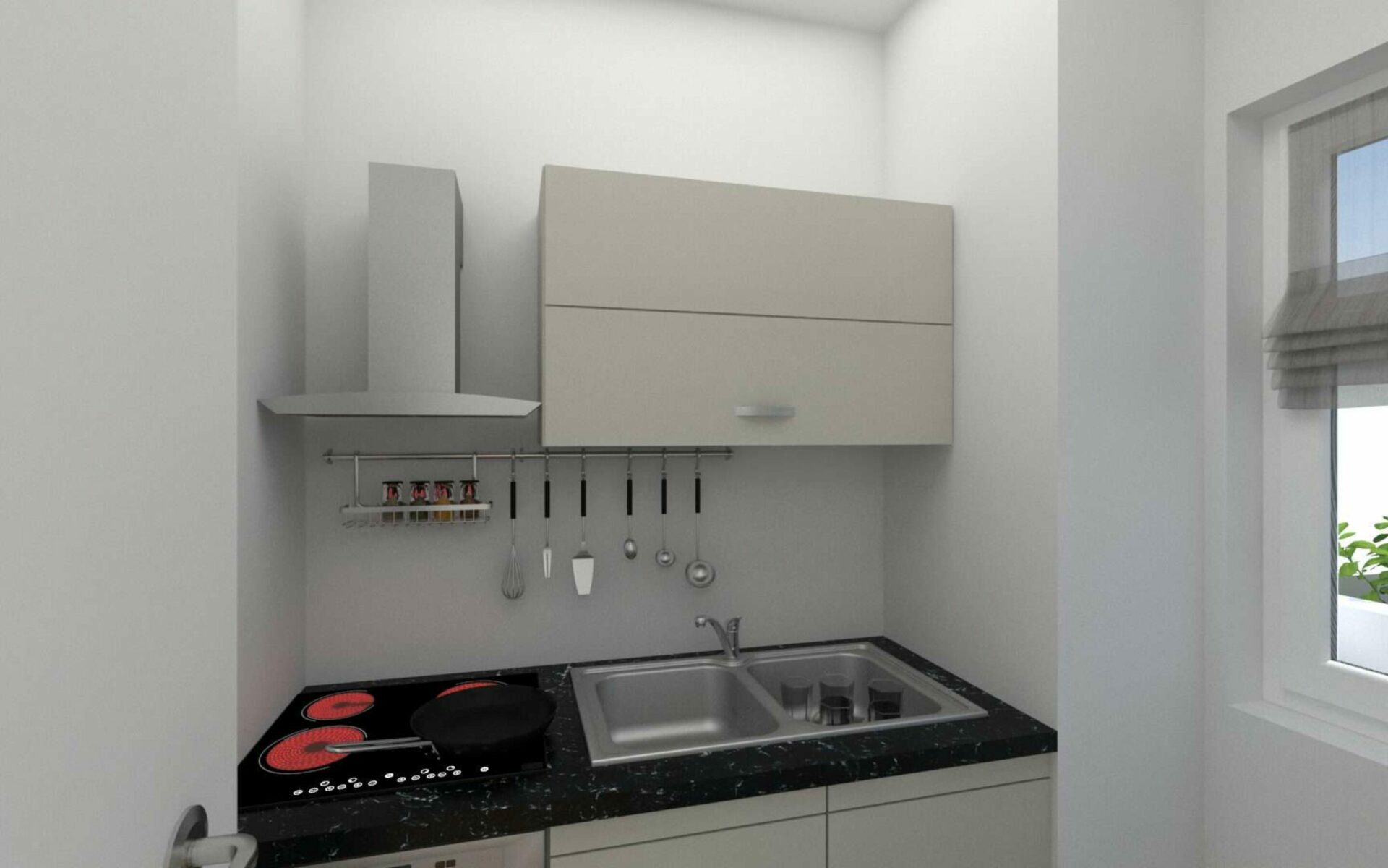 3D-Visualisierung einer kompakten Küchenzeile mit Kochfeld und Fenster in einer Wohnung in Giesing.