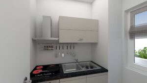 Virtuelle Darstellung einer kompakten Küchenzeile mit Kochfeld, Spüle und Fenster in einer Wohnung in München-Giesing