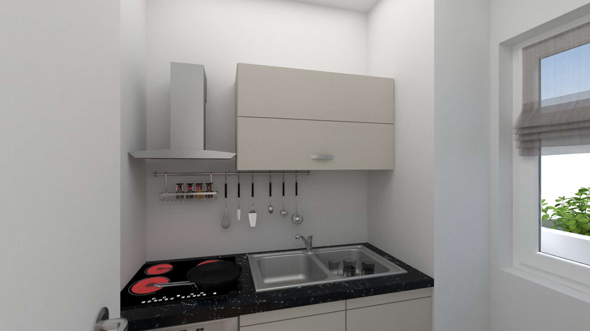 Virtuelle Darstellung einer kompakten Küchenzeile mit Kochfeld, Spüle und Fenster in einer Wohnung in München-Giesing