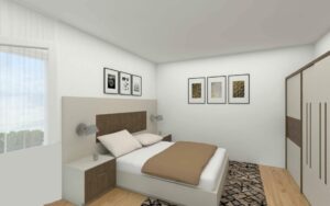 3D-Visualisierung eines Schlafzimmers mit Doppelbett und Einbauschrank in einer Wohnung in Giesing.
