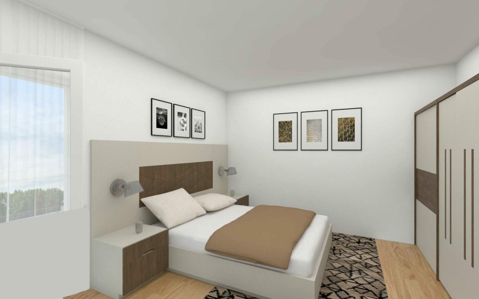 3D-Visualisierung eines Schlafzimmers mit Doppelbett und Einbauschrank in einer Wohnung in Giesing.