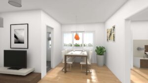 3D visualization of a dining area with table, chairs and a view of the kitchen in Giesing.
