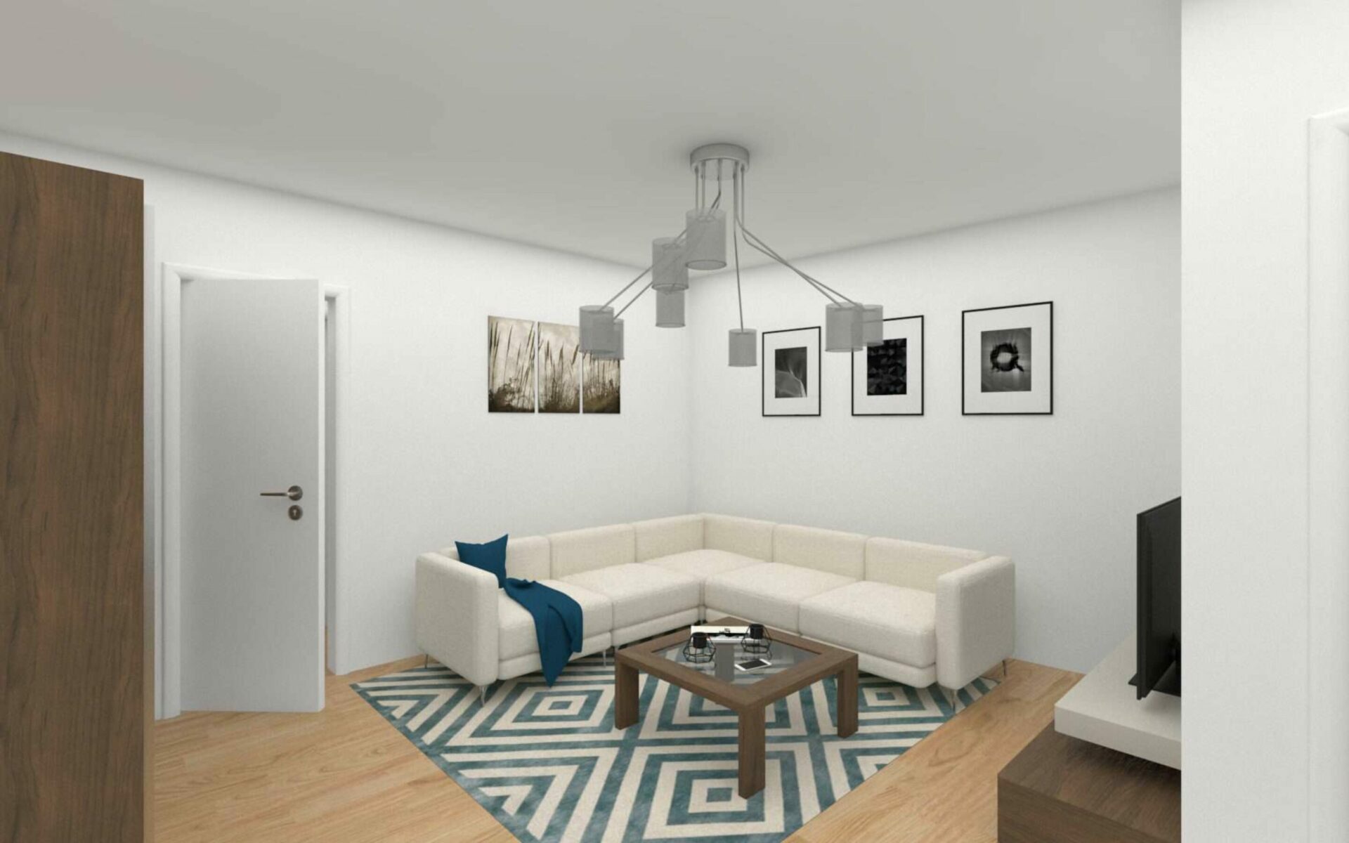 3D-Visualisierung eines Wohnzimmers mit weißer Couch und gemustertem Teppich in einer Wohnung in Giesing.