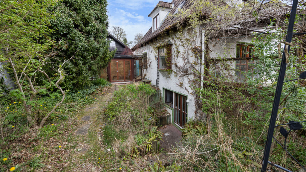 Ivy-covered rear facade of the existing house on the property in Großhadern with a path to the conservatory