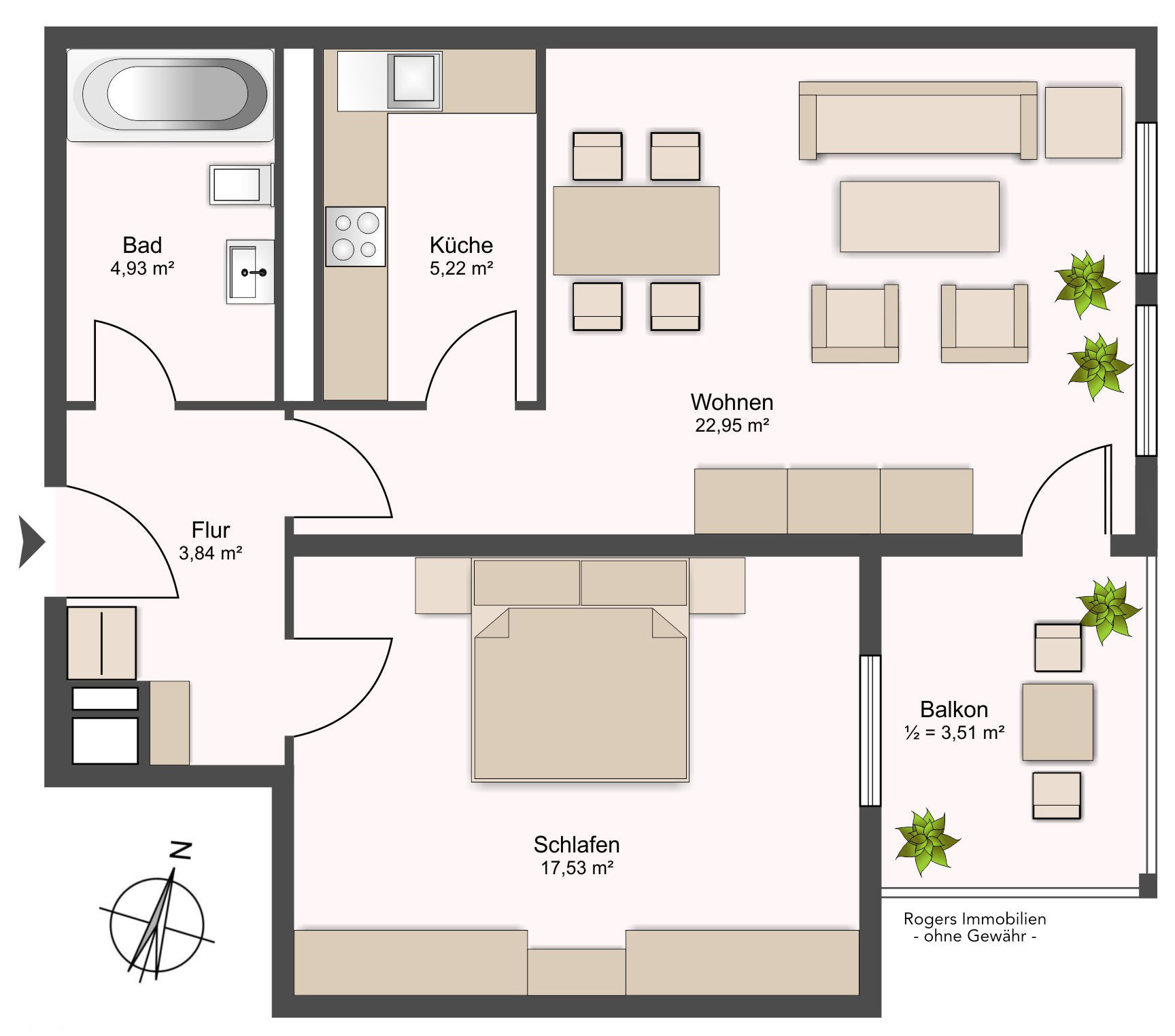 Floor plan with living room, kitchen, bathroom, bedroom, and balcony of the Munich-Bogenhausen apartment