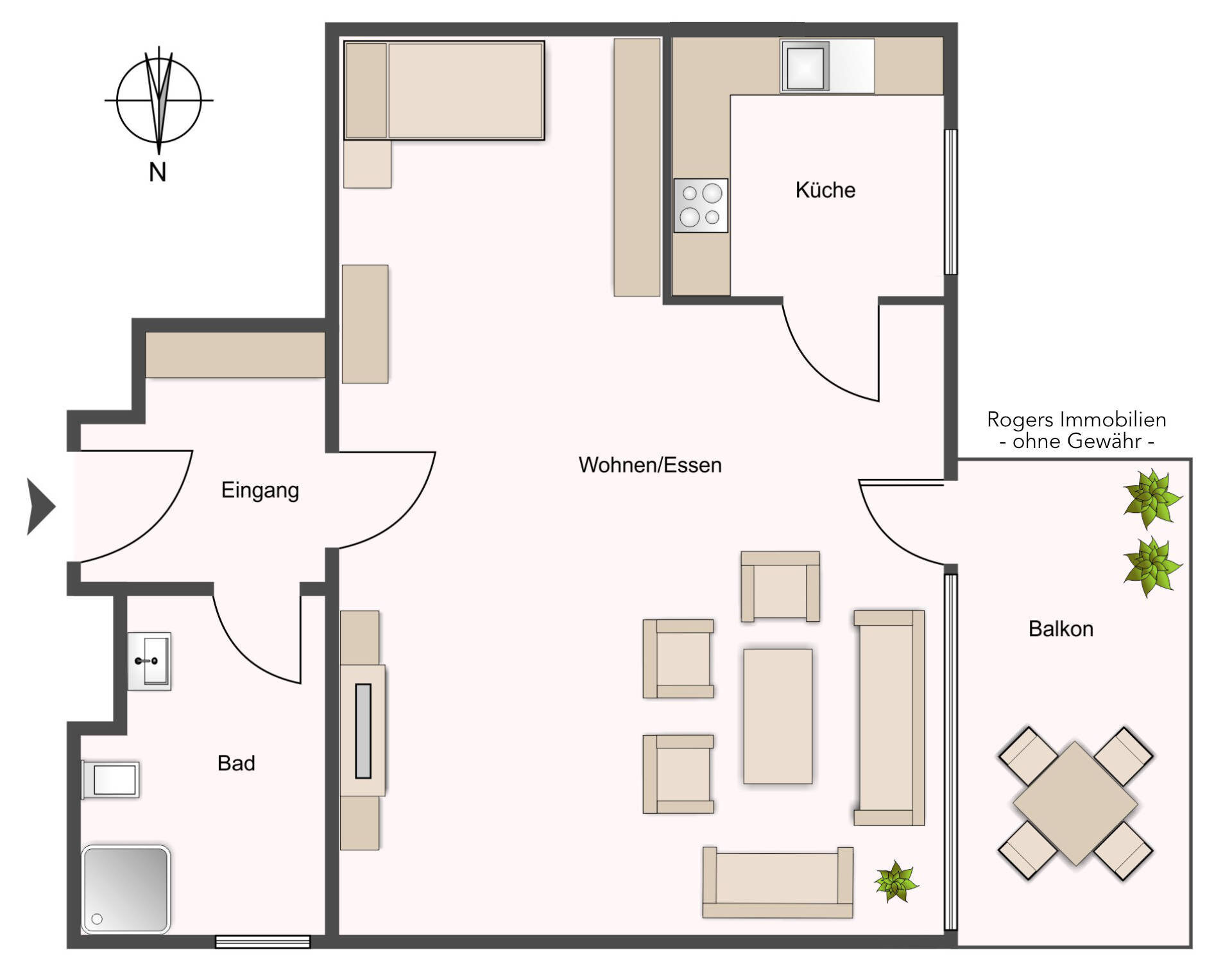 Floor plan of an apartment with a living-dining area, kitchen, bathroom, and balcony.