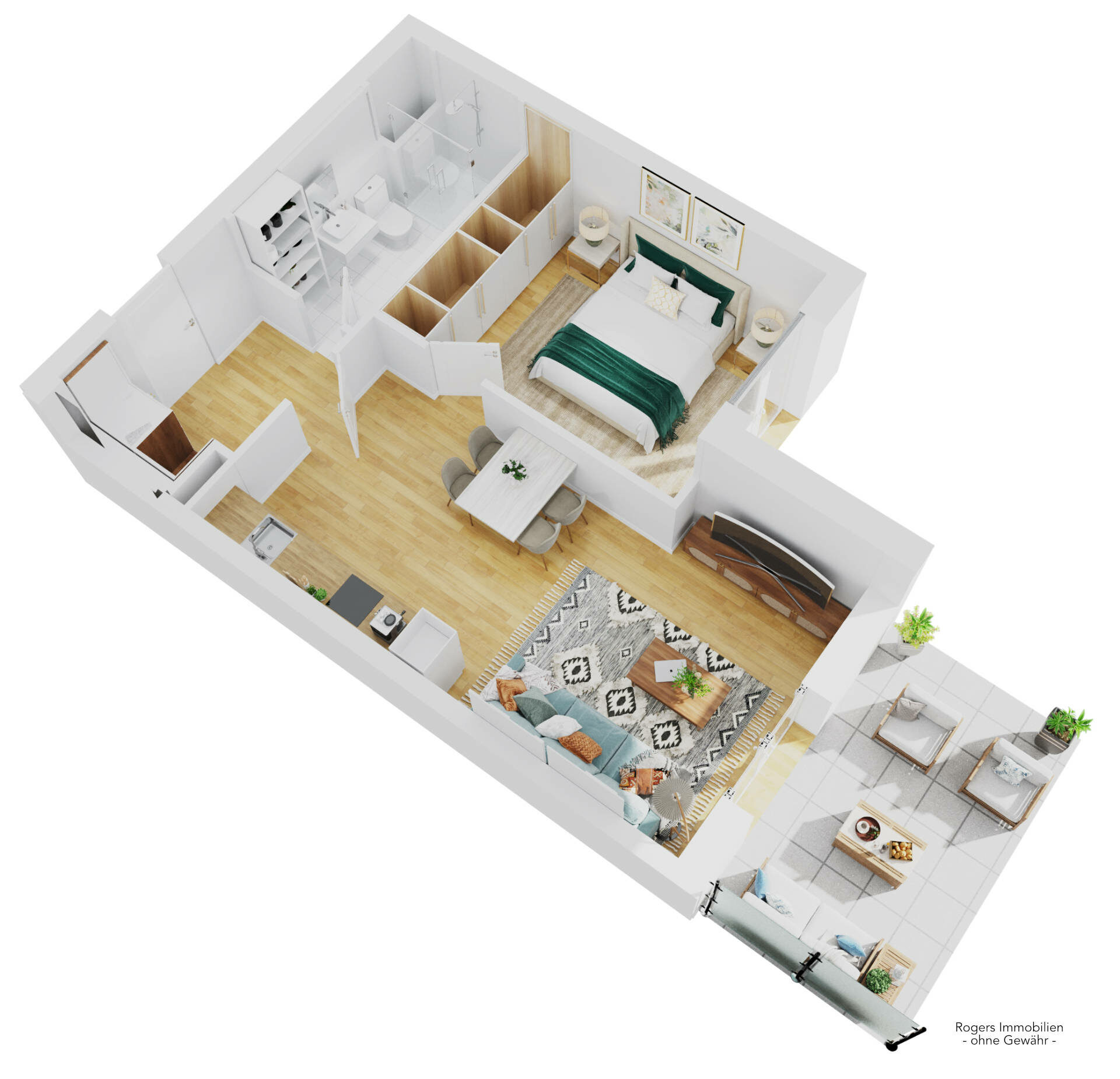 3D floor plan of a furnished apartment with bedroom and living area in the Trudering new construction project