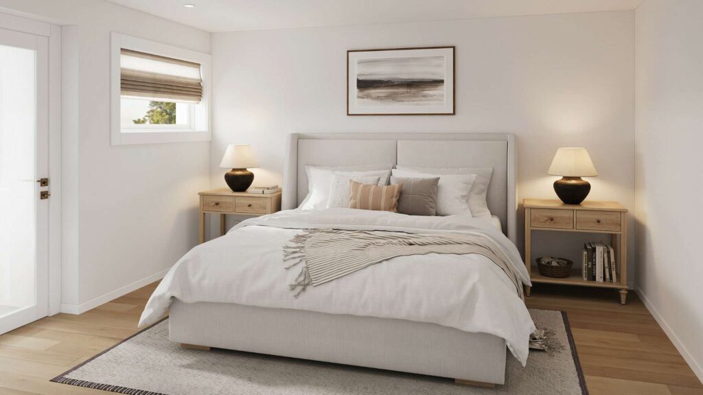 Bedroom with double bed and illuminated nightstands in an apartment in Hadern