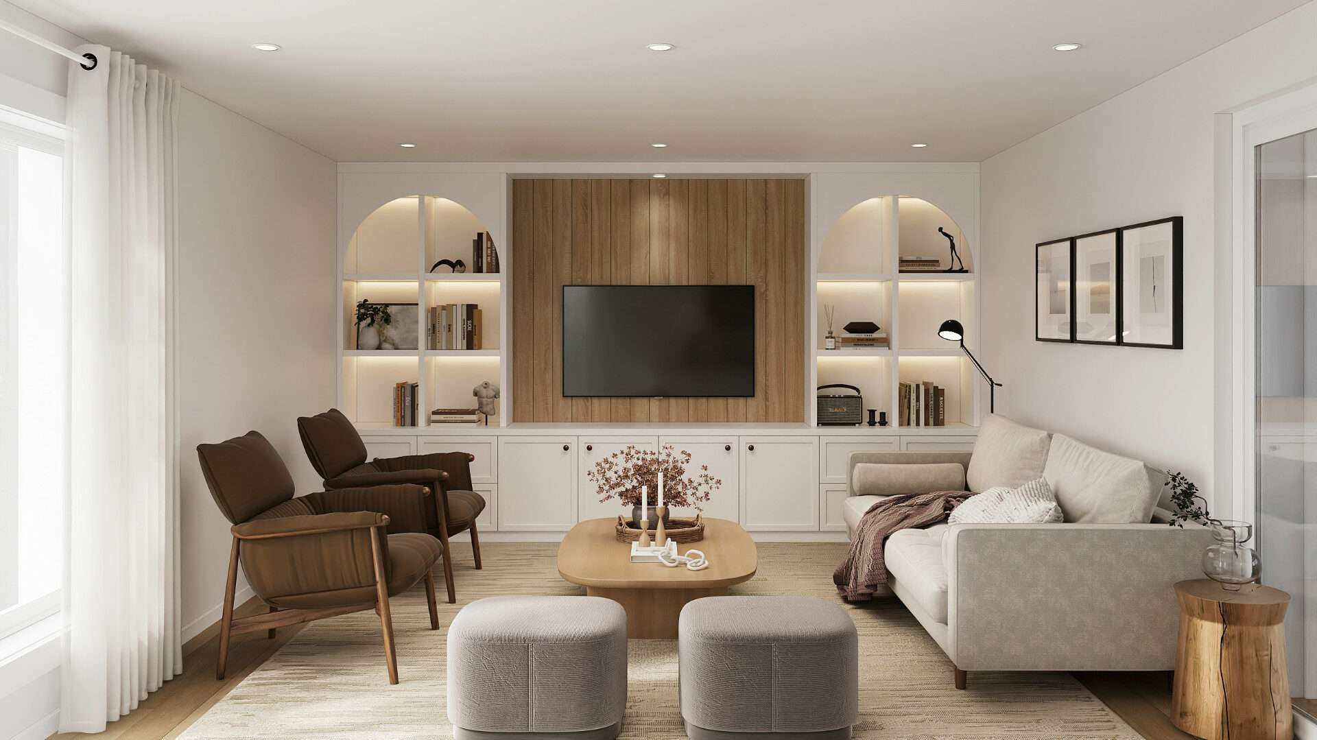 Wohnzimmer mit Mediawand, Sesseln und Sitzhockern in einer Wohnung in Hadern