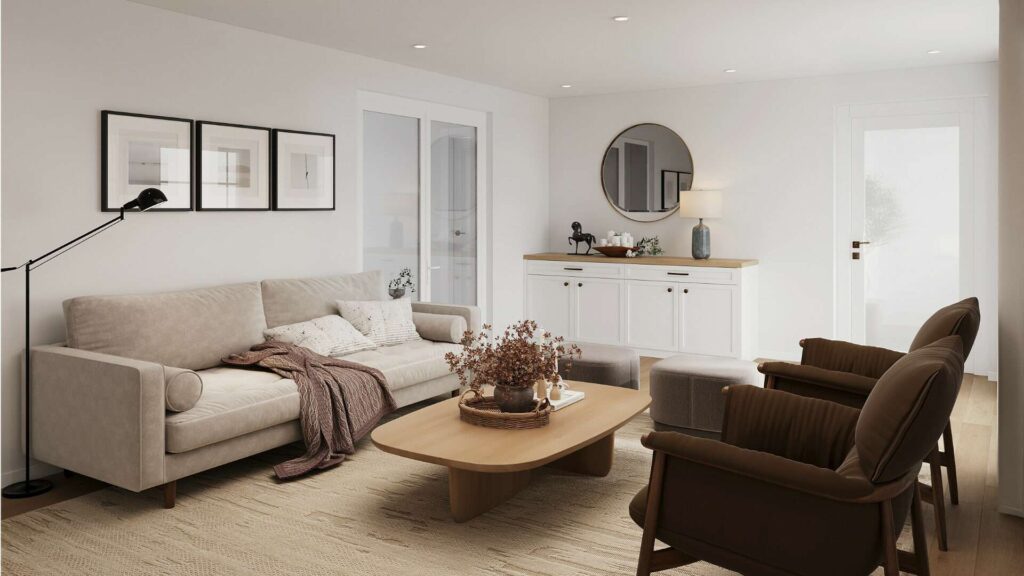 Living room with sofa, chairs and round mirror in a condominium in Hadern
