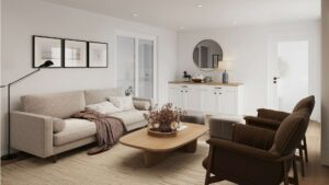 Living room with sofa, chairs and round mirror in a condominium in Hadern