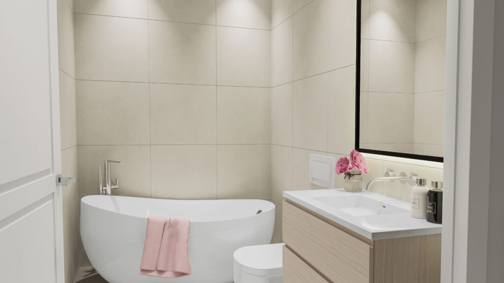 Bright bathroom with freestanding bathtub and vanity in Munich-Haidhausen apartment