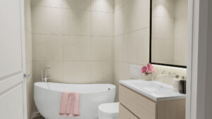 Bright bathroom with freestanding bathtub and vanity in Munich-Haidhausen apartment