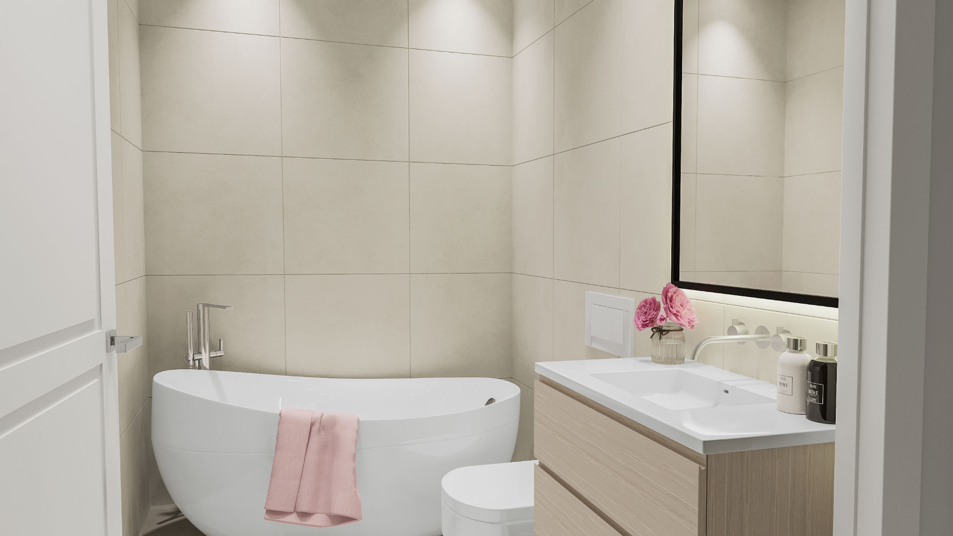 Bright bathroom with freestanding bathtub and vanity in Munich-Haidhausen apartment