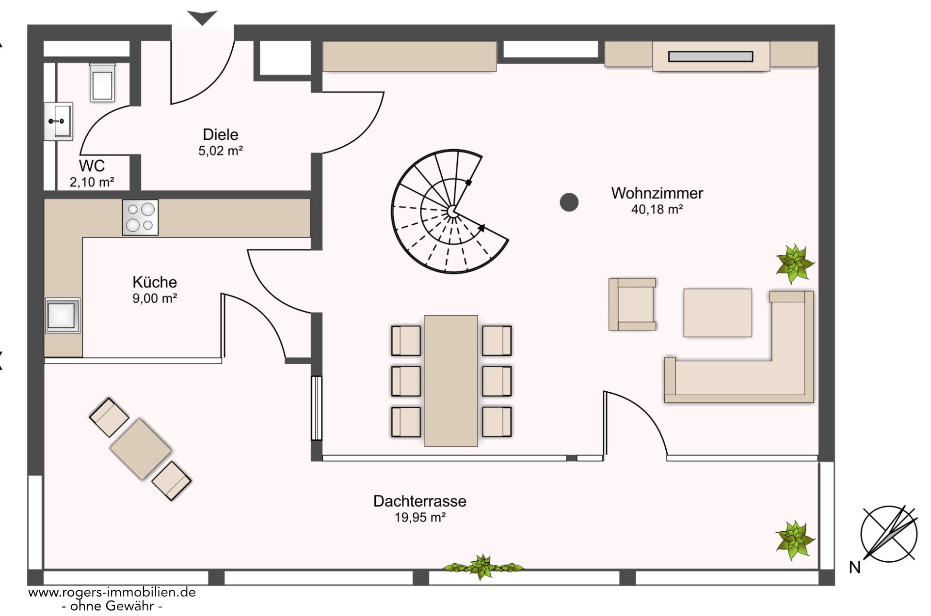 Floor plan of the living level with kitchen, living room, and rooftop terrace of the Munich-Haidhausen loft apartment