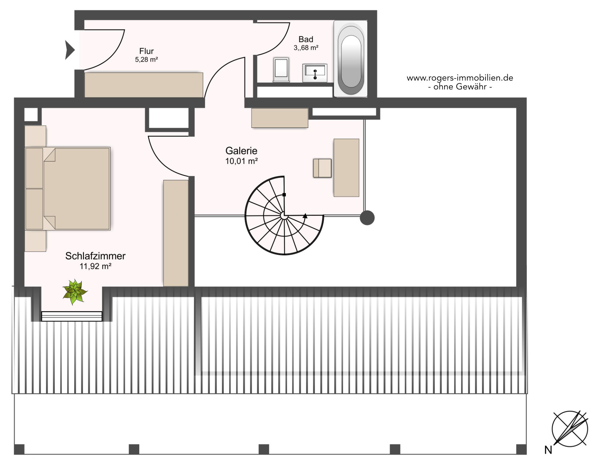 Floor plan of the gallery level with bedroom, bathroom, and spiral staircase of the loft apartment in Munich-Haidhausen