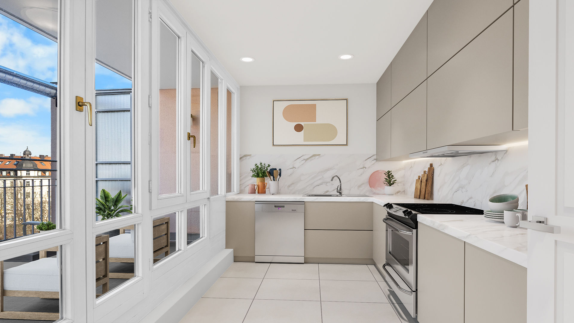 Modern bright kitchen with marble backsplash, kitchen island, and window with city view in Munich-Haidhausen apartment