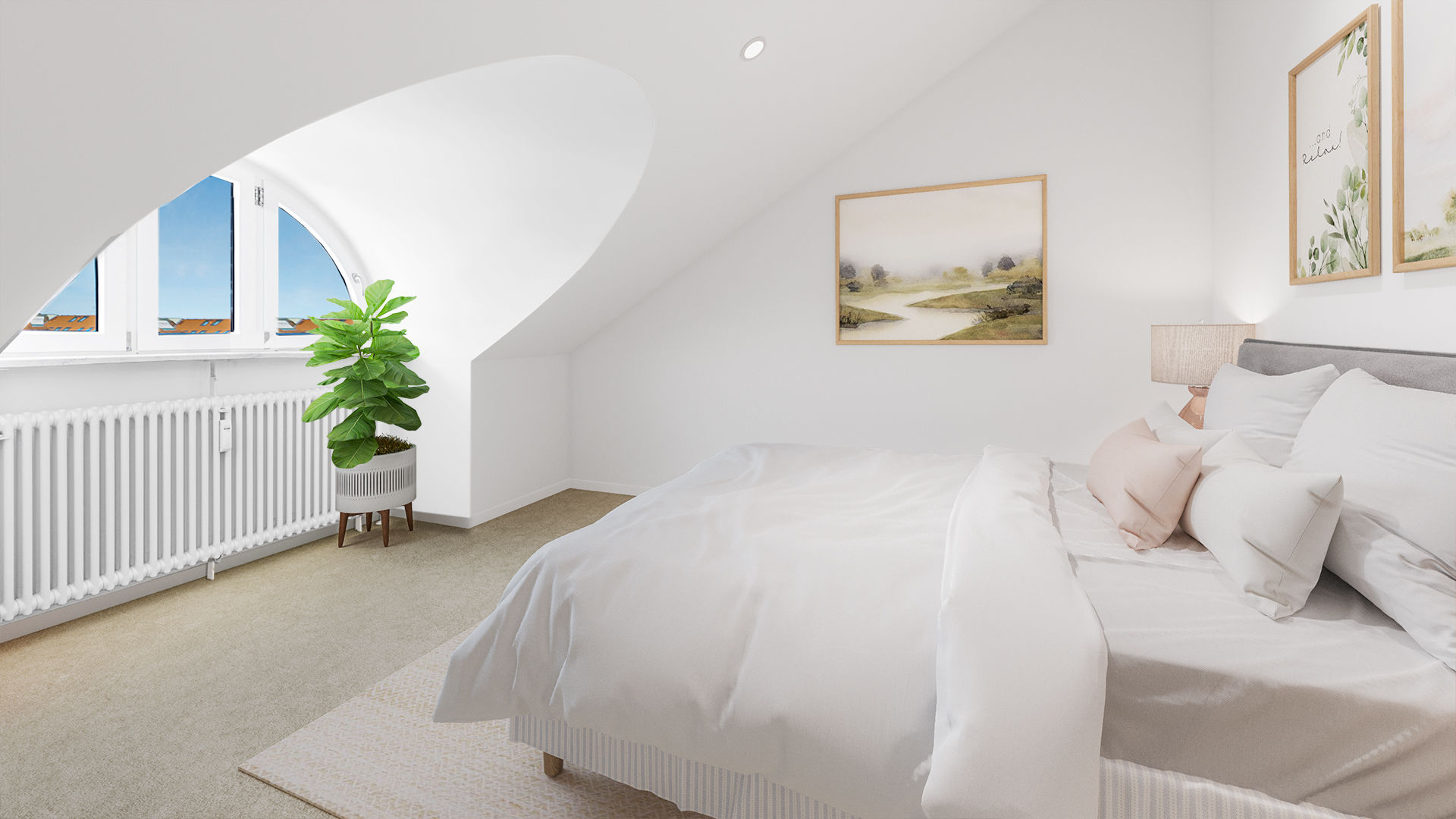 Bright bedroom with vaulted sloped ceiling, dormer window, and bed in an attic apartment in Munich-Haidhausen
