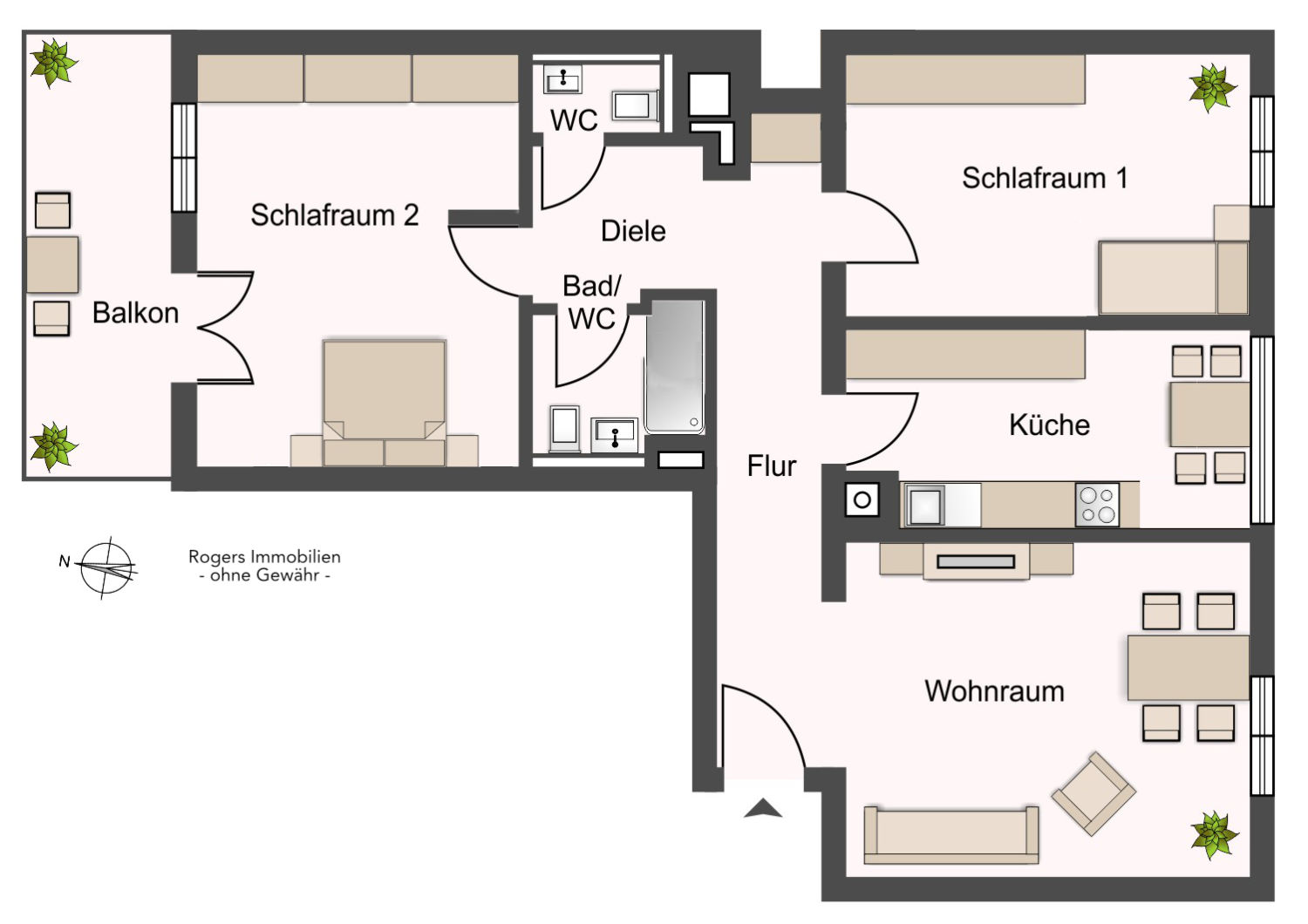 Floor plan with two bedrooms, kitchen, bathroom, and living room of the rental apartment in Munich-Isarvorstadt