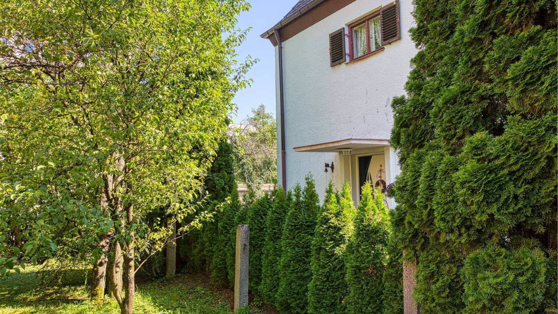 White house with shutters in Laim, surrounded by tall trees and dense thuja hedges in the garden.