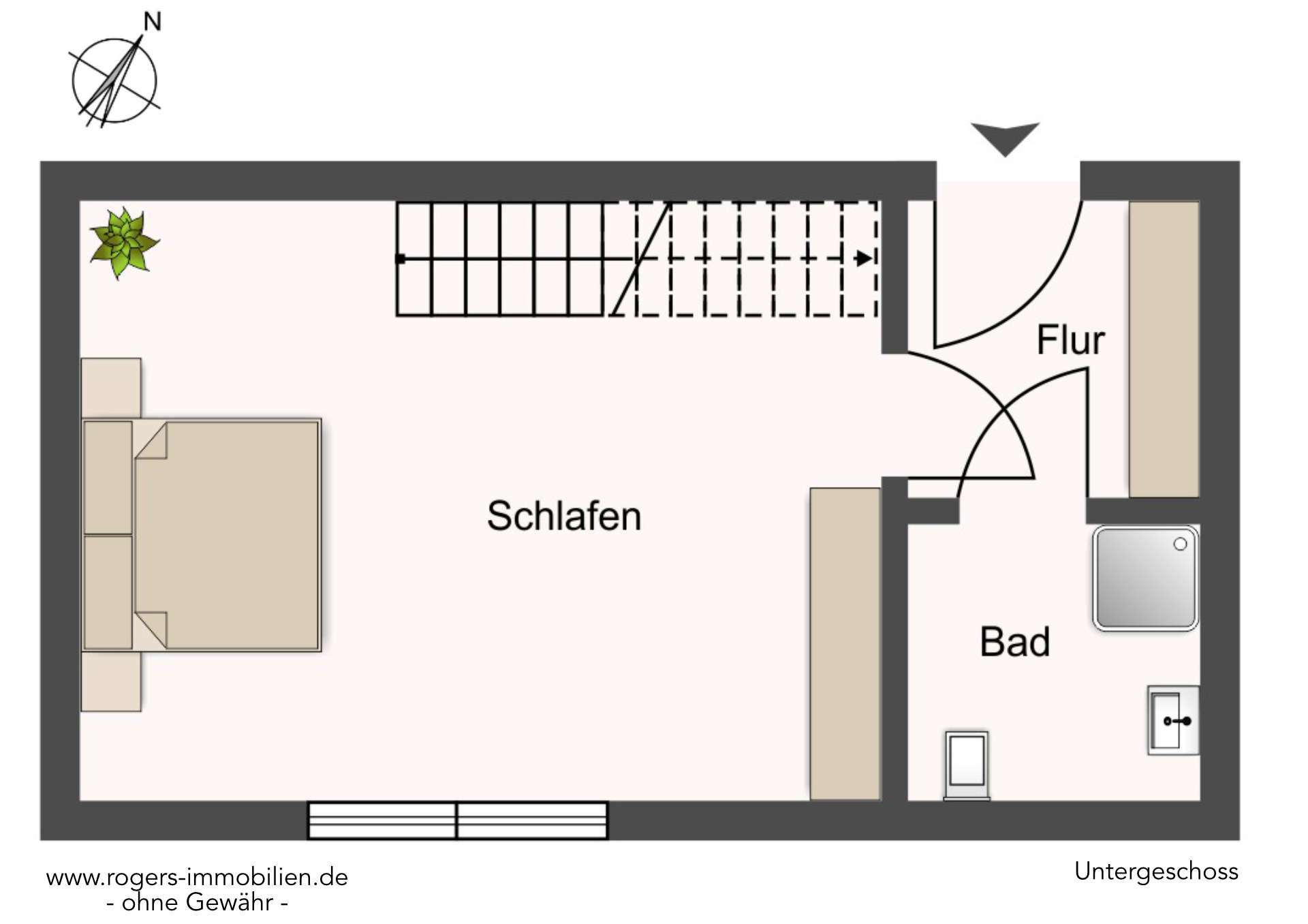 Floor plan of the basement of a garden apartment in Lerchenau with bedroom and bathroom.