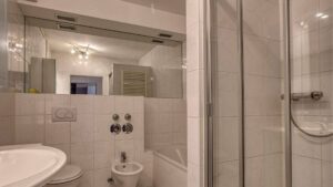 Bestehendes Badezimmer mit Duschkabine, Waschbecken und WC in der Wohnung in München-Maxvorstadt