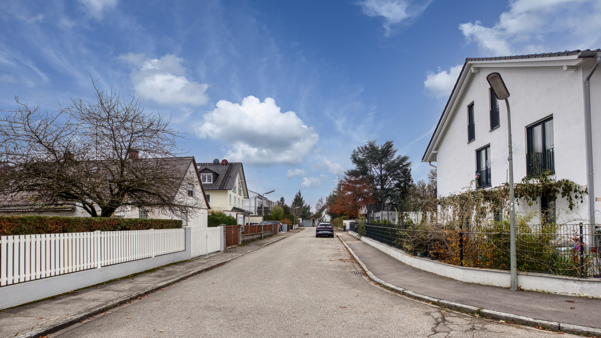 Ruhige Wohnstraße mit Einfamilienhäusern und Gärten im Stadtteil Milbertshofen in München