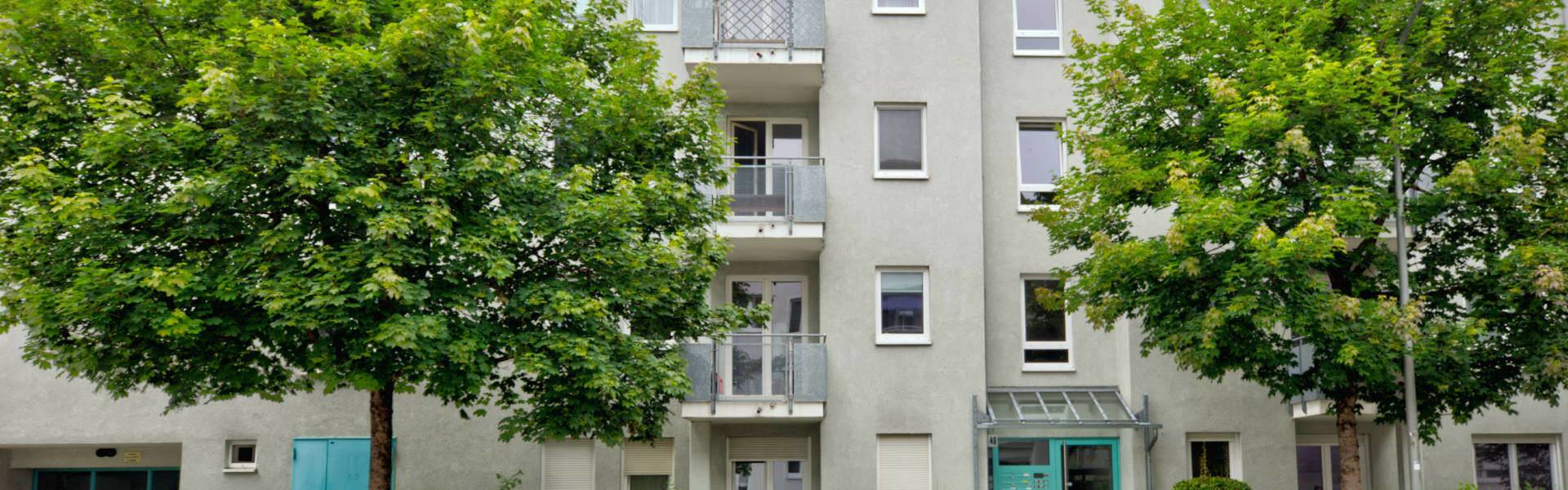Fassade des Wohnhauses mit Balkonen und Bäumen in München-Moosach, Rogers Immobilien