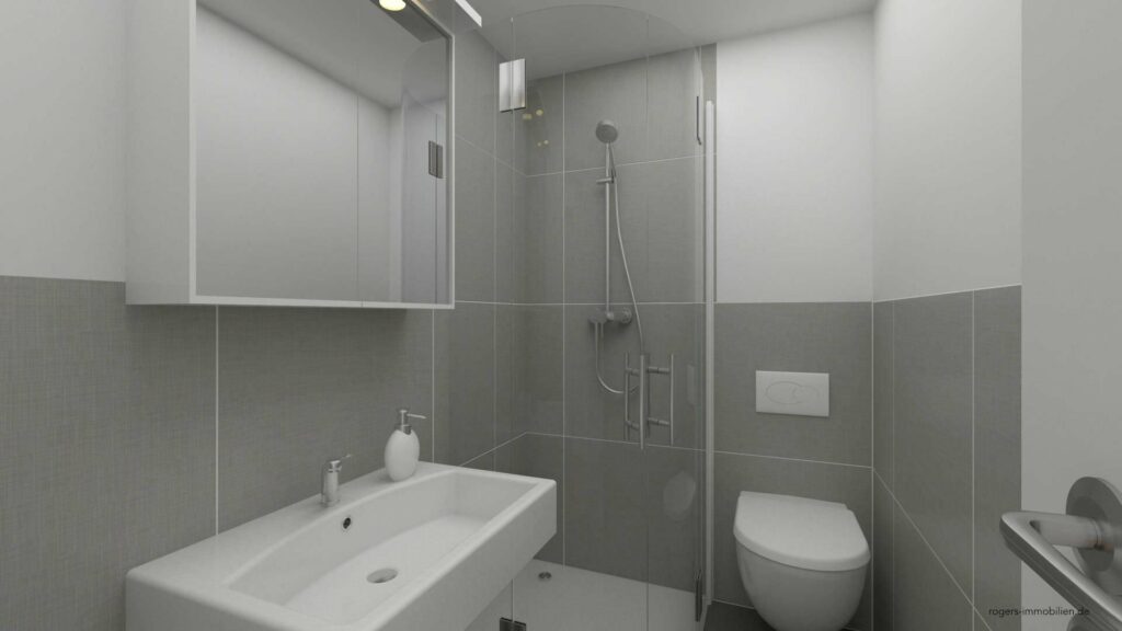 Modernes, grau gefliestes Badezimmer mit Dusche, Waschbecken und WC in einer Wohnung in München