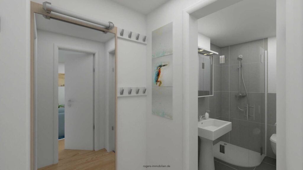 Diele mit Blick in das moderne Badezimmer mit Dusche und WC einer Wohnung in München