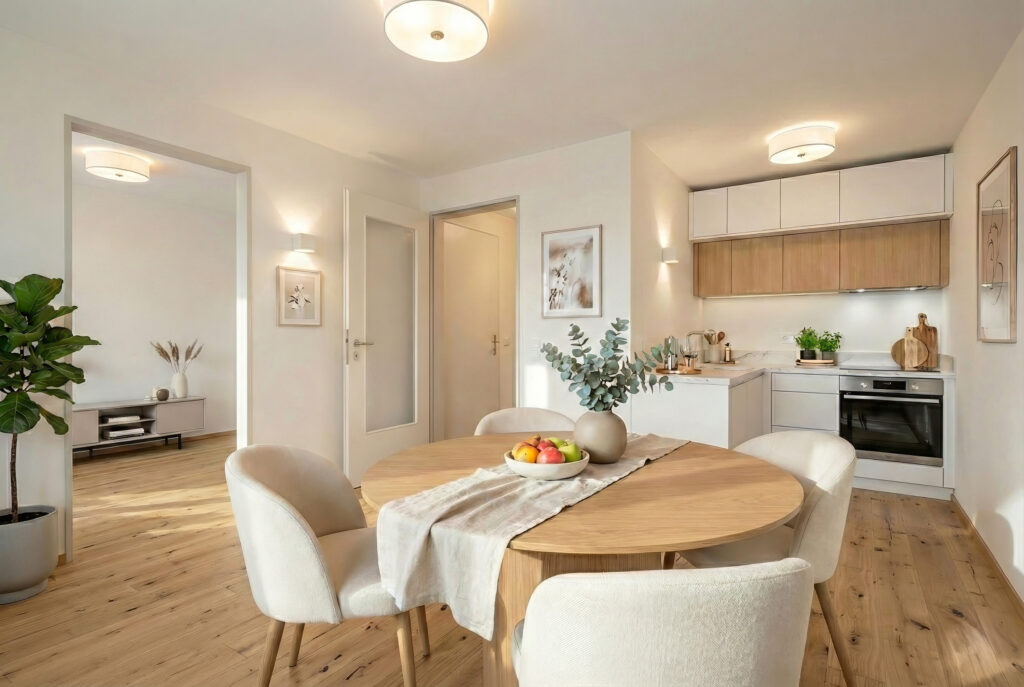 Further visualization of the open kitchen of the Großhadern apartment with a round dining table and plant