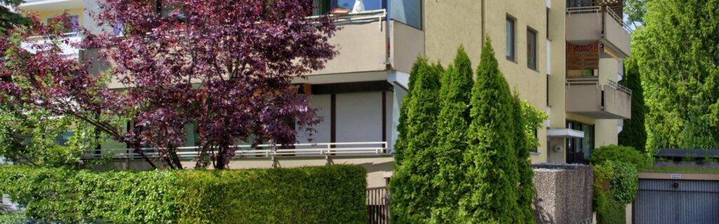 Fassadendetail mit blühendem Baum und Hecke am Wohnhaus dieser Wohnung in München
