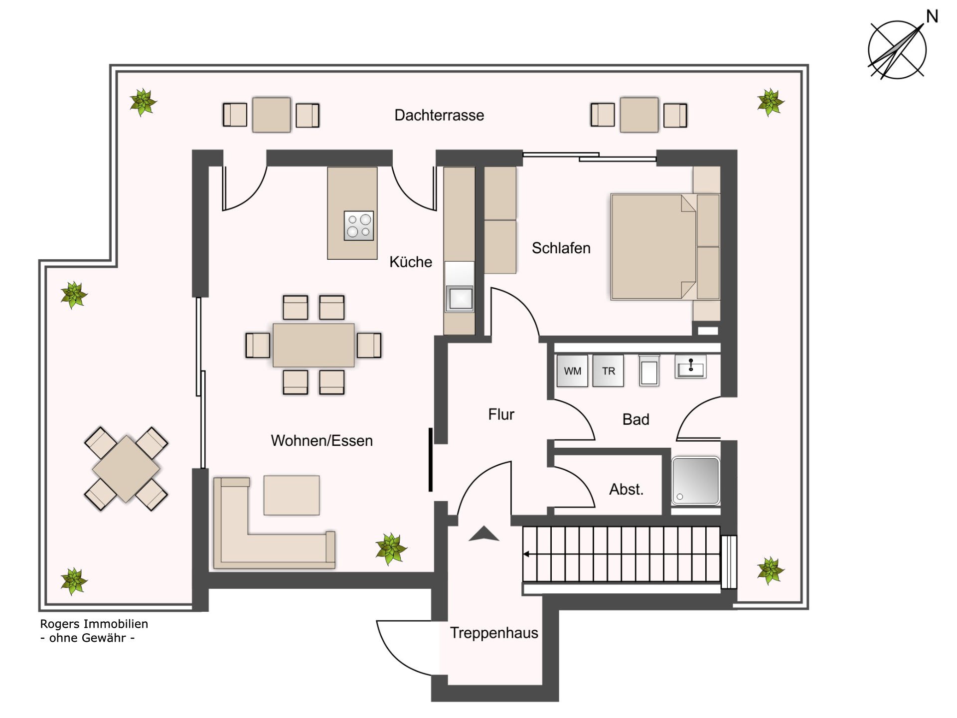 Floor plan of the rental apartment with living-dining area, kitchen, bedroom, and bathroom in Munich-Pasing