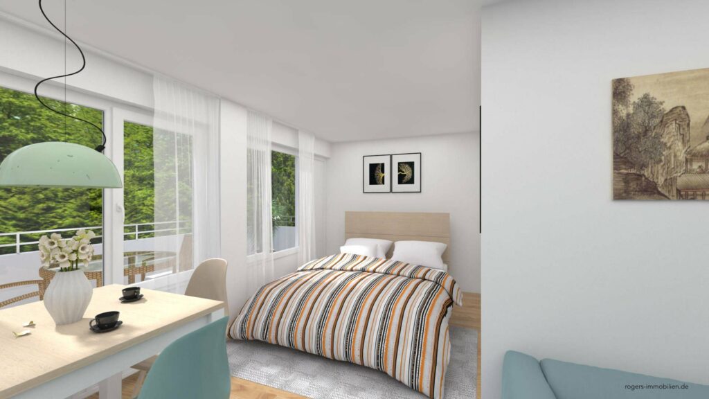 Virtuell eingerichteter Schlafbereich mit Bett und Schreibtisch in einer Wohnung in München