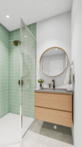 Virtually furnished bathroom with green tiles, shower, and round mirror in Munich-Schwabing apartment