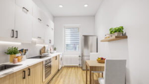 Virtually furnished bright kitchen with sitting area at the window in an old building apartment in Munich-Schwabing