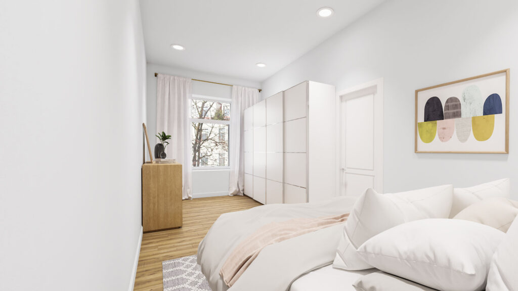 Virtually furnished bedroom with double bed and light parquet flooring in an apartment in Munich Schwabing