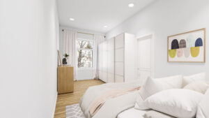 Virtually furnished bedroom with double bed and light parquet flooring in an apartment in Munich Schwabing