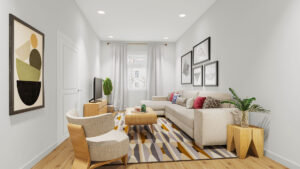Virtually furnished living room with sofa, picture gallery and striped rug in Munich-Schwabing apartment